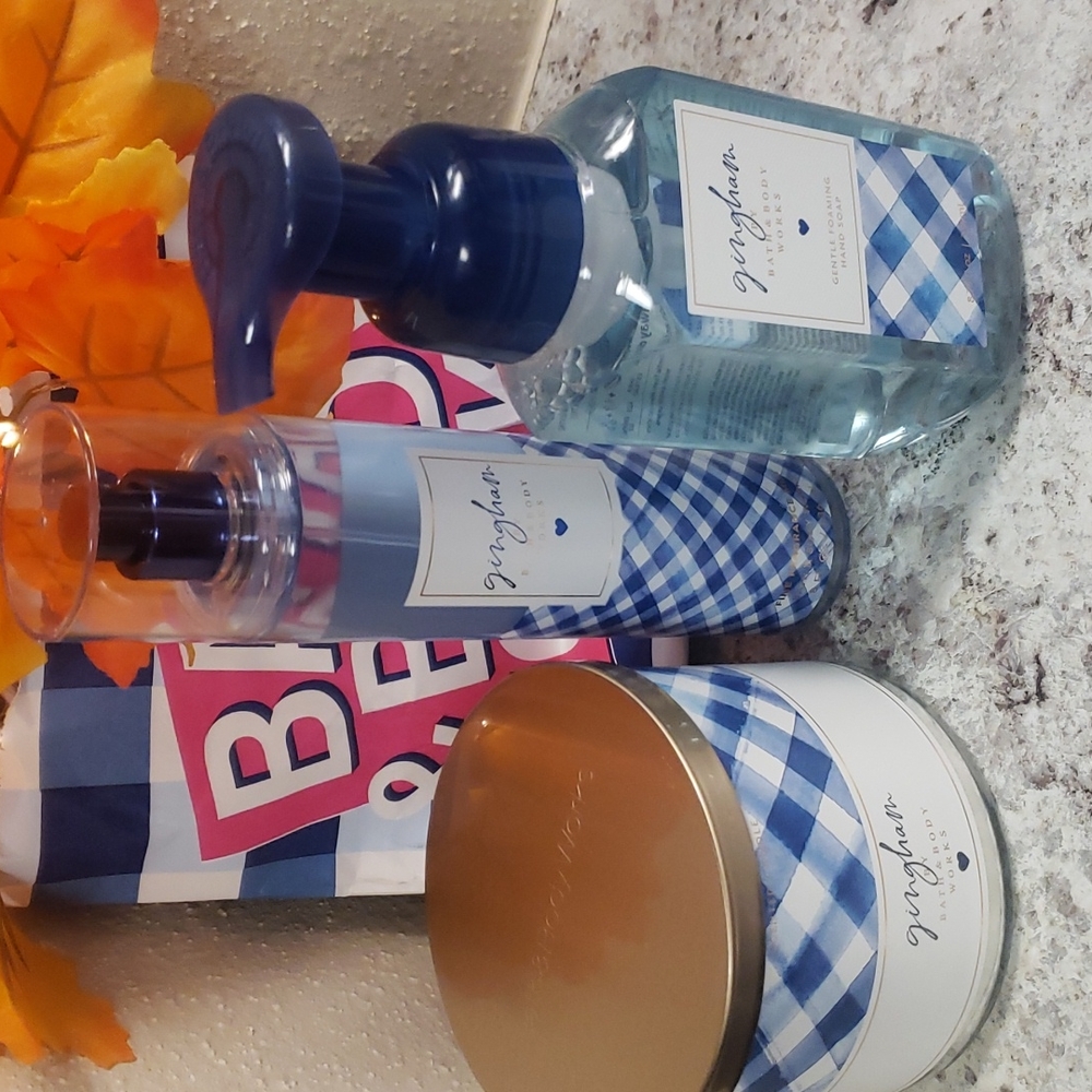 Gingham 3-wick candle, fragrance mist, hand soap